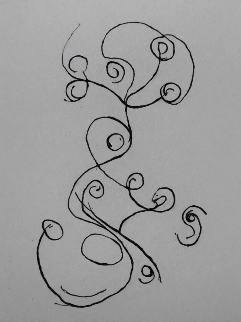 Image similar to single line ink pen drawing of an acorn that turns into a tree in the shape of a treble clef with a few scattered leaves, simple and clean thick lines