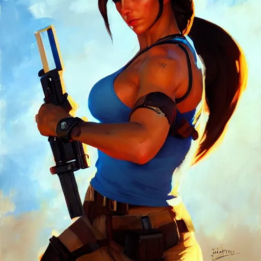 Image similar to Greg Manchess portrait painting of Lara Croft as Overwatch character, medium shot, asymmetrical, profile picture, Organic Painting, sunny day, Matte Painting, bold shapes, hard edges, street art, trending on artstation, by Huang Guangjian and Gil Elvgren and Sachin Teng