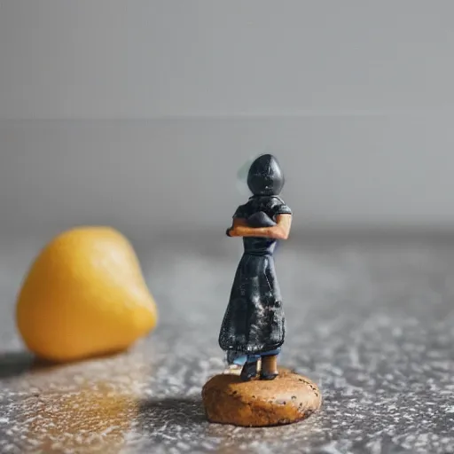 Image similar to macro photography focused on a miniature figure on a countertop. The background is the rest of the kitchen. The mid ground is a dramatic highway bridge that connects the vintage fridge to the counter. Award winning photo.