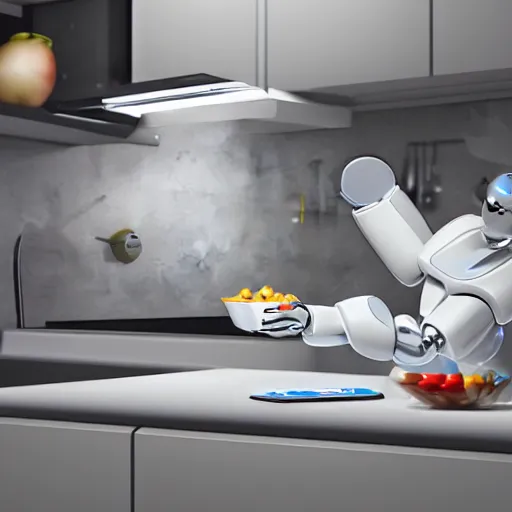 Prompt: A photorealistic picture of a plastic robot in a kitchen.