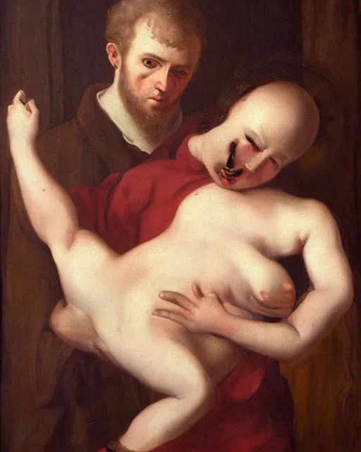 Image similar to a painting of a man holding a woman in his arms by heinrich lossow, trending on deviantart, transgressive art, flemish baroque, furaffinity, renaissance painting