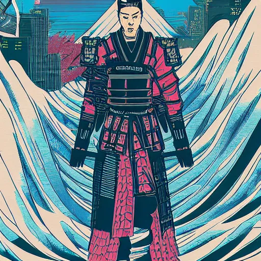 Prompt: cyberpunk samurai with swords drawn in a synth wave city, in the style of hokusai