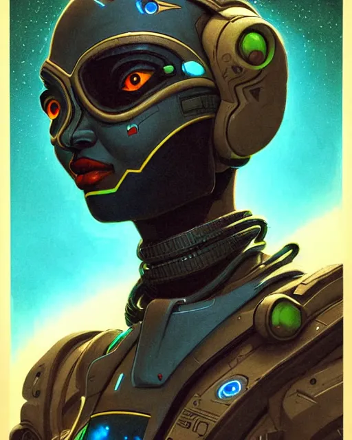 Image similar to sojourn from overwatch, african canadian, gray hair, character portrait, portrait, close up, concept art, intricate details, highly detailed, vintage sci - fi poster, retro future, vintage sci - fi art, in the style of chris foss, rodger dean, moebius, michael whelan, and gustave dore