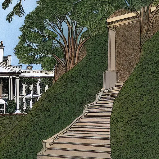 Image similar to old white house stairs into lush garden, drawing moebius