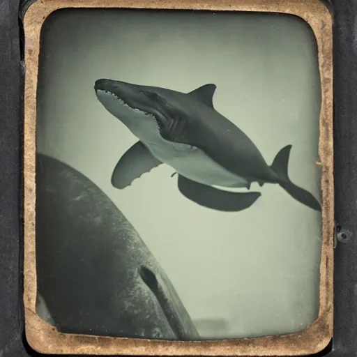 Image similar to underwater tintype photo of whale eating a shark