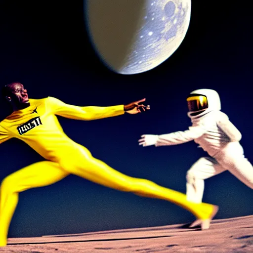 Image similar to usain bolt racing against an astronaut on the moon, kodachrome film