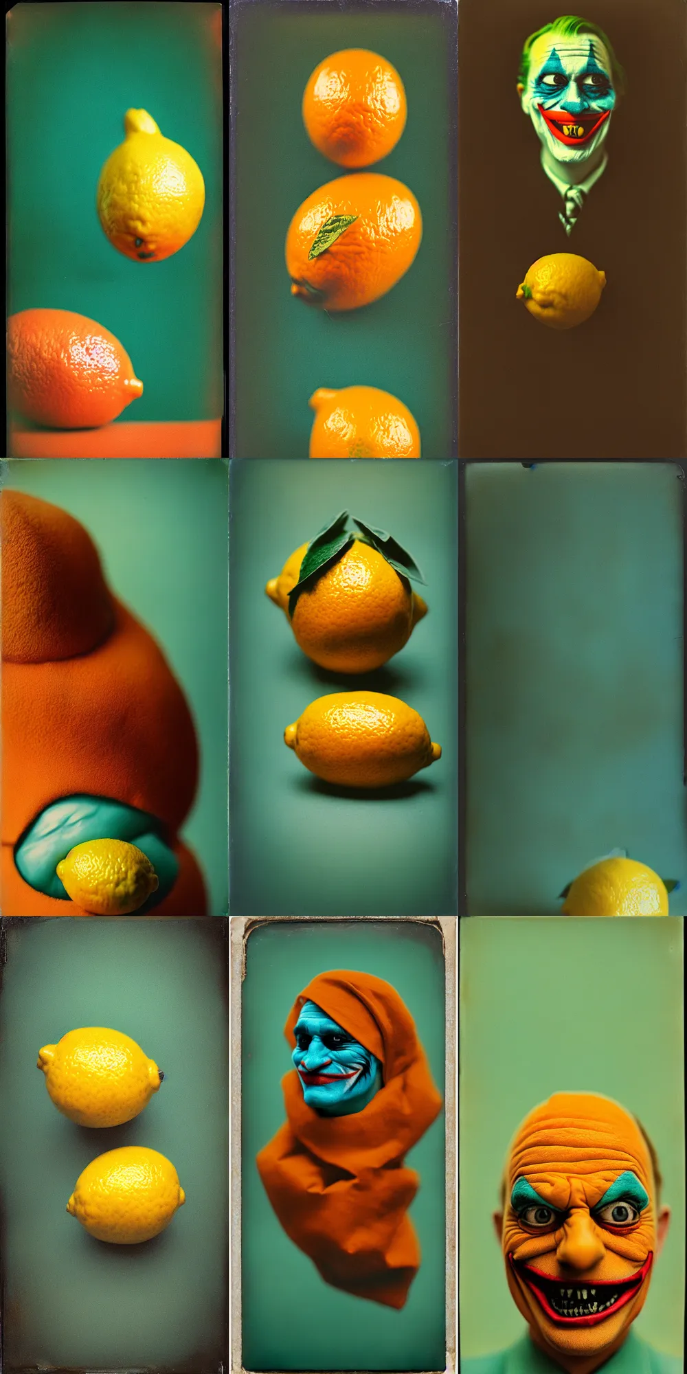 Image similar to kodak portra 4 0 0, wetplate, 8 k, shot of a highly detailed, britt marling style, colour still - life portrait of a lemon looks like 1 9 9 9 joker, teal and orange, muted coloures