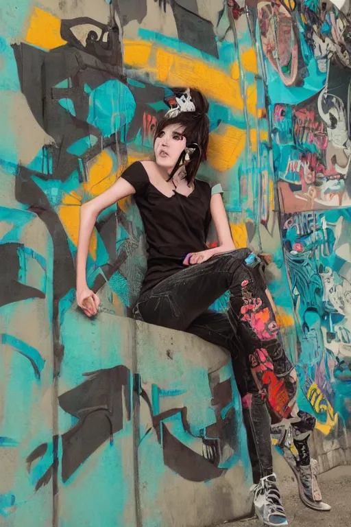 Prompt: punk girl sitting on extreme graffiti tag mural maximalism by atey ghailan, by greg rutkowski, by joe fenton, yellow, brown, black and cyan color scheme, octane render