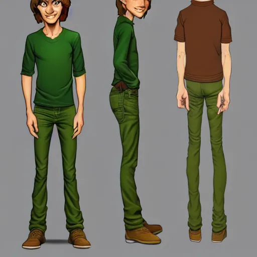 Prompt: Shaggy Rogers from Scooby Doo, weta digital character model sheet turnaround, brown hair, studio, trending in Artstation, official media, 4K HD, by Bill Presing and Stanley Artgerm Lau and Ilya Kuvshinov and Alphonse Mucha