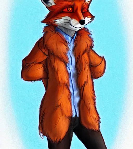 Image similar to expressive stylized master furry artist digital colored pencil painting full body portrait character study of the fox fursona animal person wearing clothes jacket and jeans by master furry artist blotch