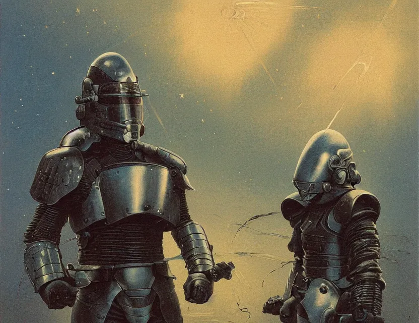 Image similar to a detailed portrait painting of a bounty hunter wearing combat armour and a reflective visor. Movie poster, cinematic sci-fi poster. Flight suit, cloth and metal, accurate anatomy. Samurai influence, knight influence. fencing armour. portrait symmetrical and science fiction theme with lightning, aurora lighting. clouds and stars. Futurism by moebius beksinski carl spitzweg moebius and tuomas korpi. baroque elements. baroque element. intricate artwork by caravaggio. Oil painting. Trending on artstation. 8k