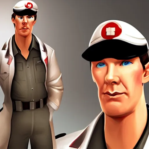 Prompt: benedict cumberbatch as the medic in team fortress