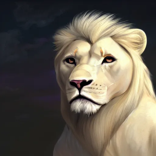 Prompt: a beautfiul aesthetic commission portrait of a anthro albino lion looking at the sky worried,attractive beautiful face,detailes face,expression,natural lighting,fantasy art,deviantart,artstation,character design by charles bowater,ross tran,greg rutkowski,4k,photorealistic