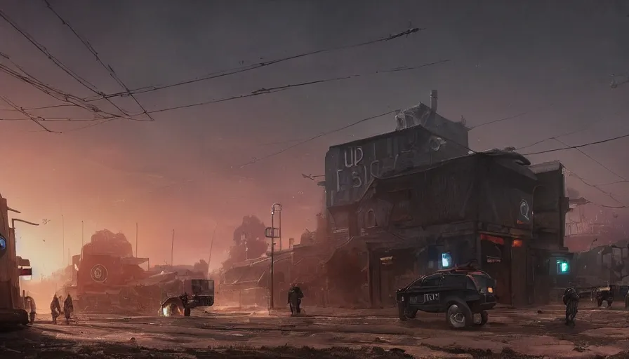 Image similar to a militarized police vehicle riding through an orwellian town, police searching the area, action scene, an epic fantasy, dramatic lighting, cinematic, establishing shot, extremely high detail, photorealistic, cinematic lighting, artstation, octane render, by simon stalenhag, horizon forbidden west