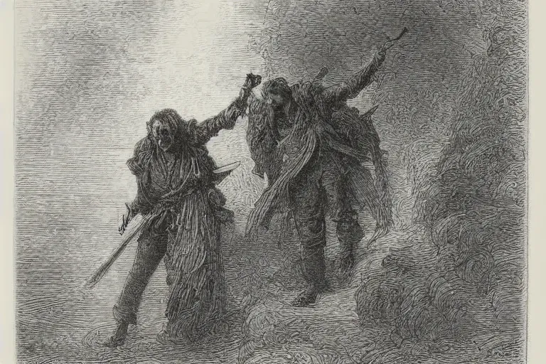 Image similar to taking knife rips, Gustave Dore lithography