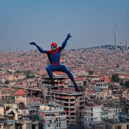 Image similar to Spider-man on top of the Galata Tower in Istanbul, photorealistic, 4K, 200mm lens