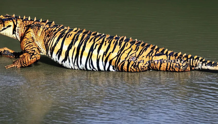 Image similar to an alligator tiger!!! hybrid! hyper realistic!! realistic lighting!! wildlife photographer of the year!!! bold natural colors, national geographic, hd, wide angle, 8 k