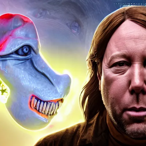 Prompt: hyperrealistic mixed media image of info wars alex jones with ( ( bullfrog mask ) ), stunning 3 d render inspired art by xiang duan and thomas eakes and greg rutkowski, perfect facial symmetry, hyper realistic texture, realistic, highly detailed attributes and atmosphere, dim volumetric cinematic lighting, 8 k octane detailed render, post - processing, masterpiece,