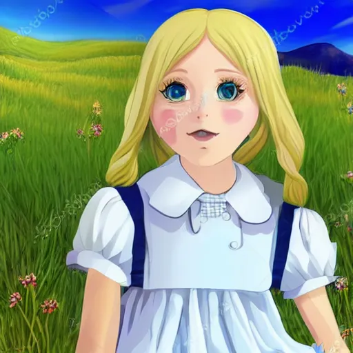 Image similar to young blonde pioneer girl in a meadow, portrait, anime style