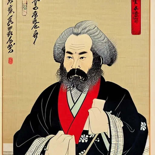 Image similar to beautiful portrait ukiyo - e painting of karl marx by kano hideyori, kano tan'yu, kaigetsudo ando, miyagawa choshun, okumura masanobu, kitagawa utamaro