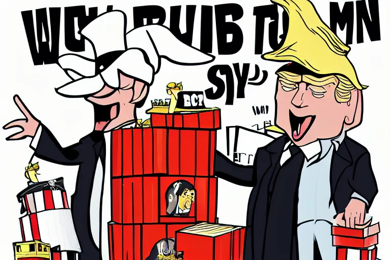 Prompt: 2 d poster illlustration donald trump and donald trump wearing trenchcoats and black spy hats and stacks of boxes for the movie spy vs spy