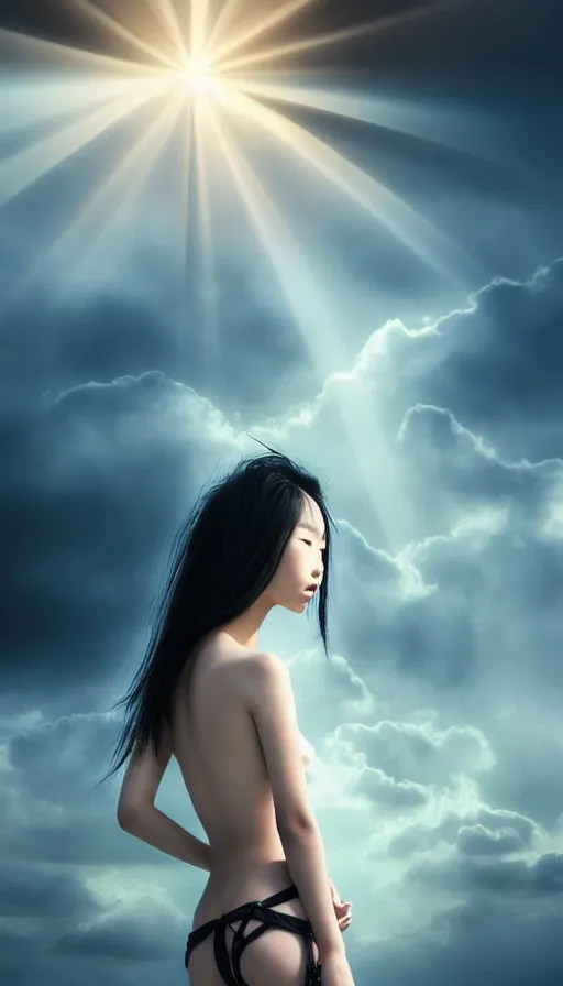 Image similar to photo of a gorgeous young asian girl , full body, high fashion model, searching for eternity, cloud goddess, duality, far away dreamy atmosphere, rays of light, deep shadows, demons in the style of stefan kostic, hyper realistic, sharp focus, 8k high definition, high fashion, vogue, insanely detailed, intricate, elegant, art by stanley lau and artgerm, brom