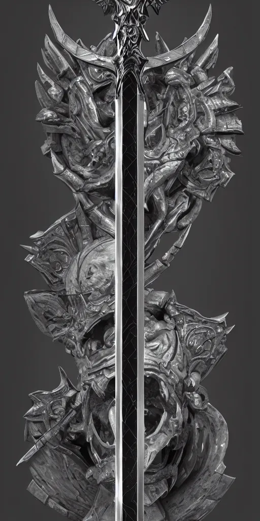 Image similar to a black and silver sword skull crest, ornament, weapon, a 3 d render by dom qwek, front side, concept art, trending on polycount, artstation, hard surface modeling, rendered in maya, zbrush, hd, blizzard, symmetry