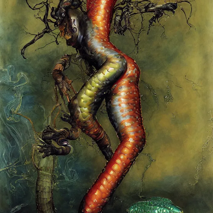 Prompt: a portrait photograph of sigourney weaver as a brightly colored harpy salamander hybrid with wet mutated skin. wearing a prosthetic organic catsuit like a dominatrix. by tom bagshaw, donato giancola, hans holbein, walton ford, gaston bussiere, brian froud, peter mohrbacher and magali villeneuve. 8 k, cgsociety