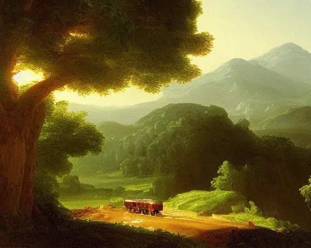 Image similar to a painting of a covered wagon traveling down a road, lush countryside, early morning, masterpiece by thomas cole