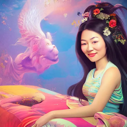 Prompt: young cute asian woman with flowing hair dressed in a small top sitting on bed, she is smiling, rendered in octane, photorealism, by Ansel Adams David Suh Lisa Frank Peter Mohrbacher Artgerm
