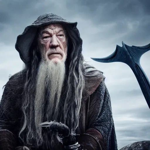 Image similar to profile photo of the evil ian mckellen as gandalf in a dark viking hood playing odin all father from the thor movie, highly detailed, cinematic shot, cinematic lighting, 8 k, exquisit facial detail