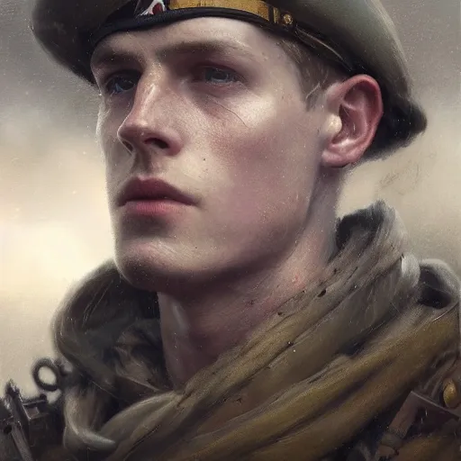 Prompt: a dramatic epic ethereal portrait of a British WWI soldier, young male, detailed face, 20th century, cinematic lighting, highly detailed oil on canvas painting by Greg Rutkowski, winning-award digital art trending on Artstation