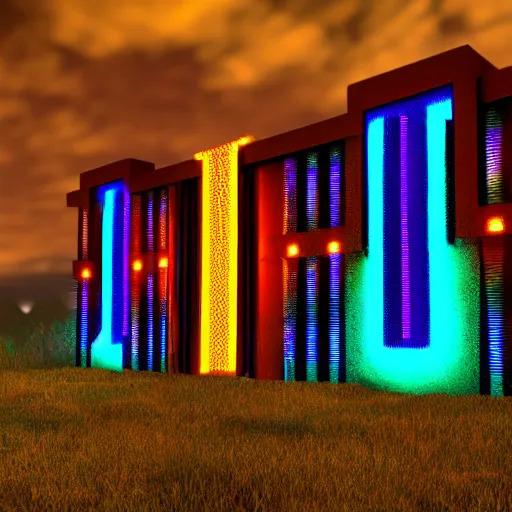 Image similar to cybernetic neon lit ndebele homestead seen from the front, highly detailed, octane rendered