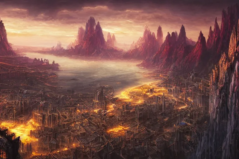 Prompt: high aerial shot, fantasy landscape, sunset lighting ominous shadows, cinematic fantasy painting, dungeons and dragons, a port city, harbor, bay, with an elvish cathedral inspired by the syndey opera house by jessica rossier and brian froud and hr giger