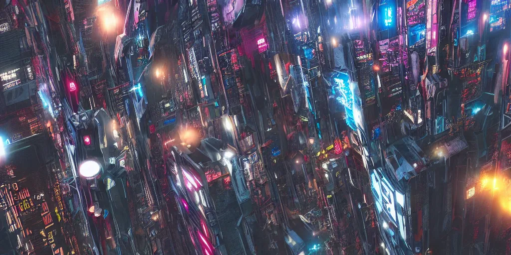 Prompt: Flying through a cyberpunk city, CGI, Imax