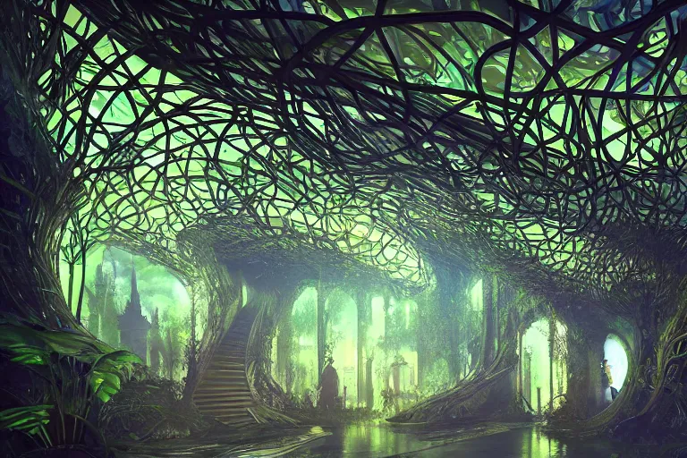 Image similar to futuristic foliage overgrowing detailed favela bioluminescence bunker hive, art nouveau environment, cathedral, award winning art, epic dreamlike fantasy landscape, ultra realistic,