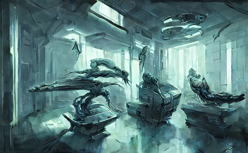 Image similar to neon surgery machine cyberpunk futuristic, in a white room, art by giger, greg rutkowski