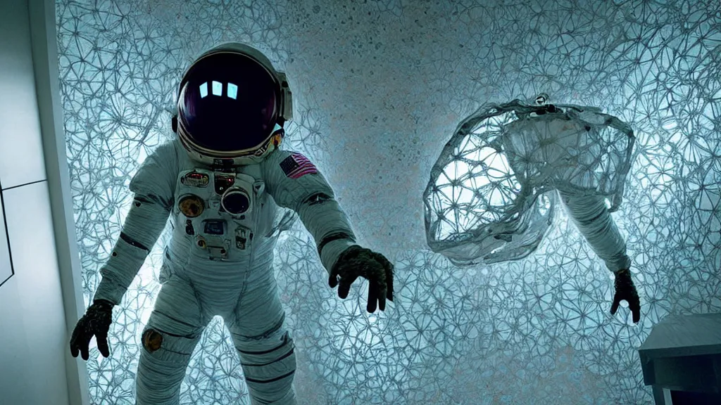 Image similar to a astronaut eva suit covered in diamond 3d fractal lace iridescent bubble 3d skin and covered with insectoid compound eye camera lenses floats through the living room, film still from the movie directed by Denis Villeneuve with art direction by Salvador Dalí, wide lens,