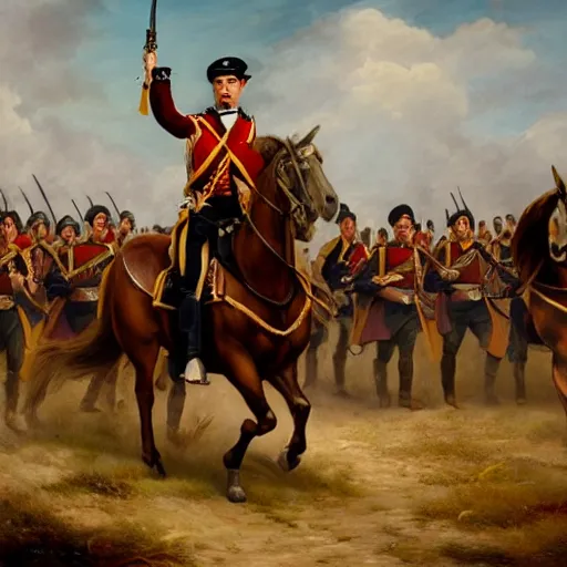 Image similar to cinematic shot of Kim Kardashian dressed as a military officer leading a charge in an open field, 1800s, oil on canvas, dramatic,