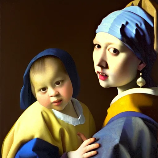 Image similar to pure love is patient love is kind, mother and child ; photorealistic oil painting by johannes vermeer ; highly detailed cute faces by wlop ; trending on artstation ; 8 k high resolution, symmetrical, cinematic, high coherence, golden ratio, rule of thirds, perfectly centered ; anatomically correct faces