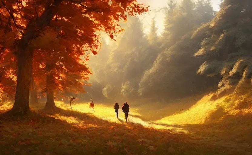 Image similar to autumnal landscape, ghibli, greg rutkowski, 8 k ultrarealistic trending on artstation