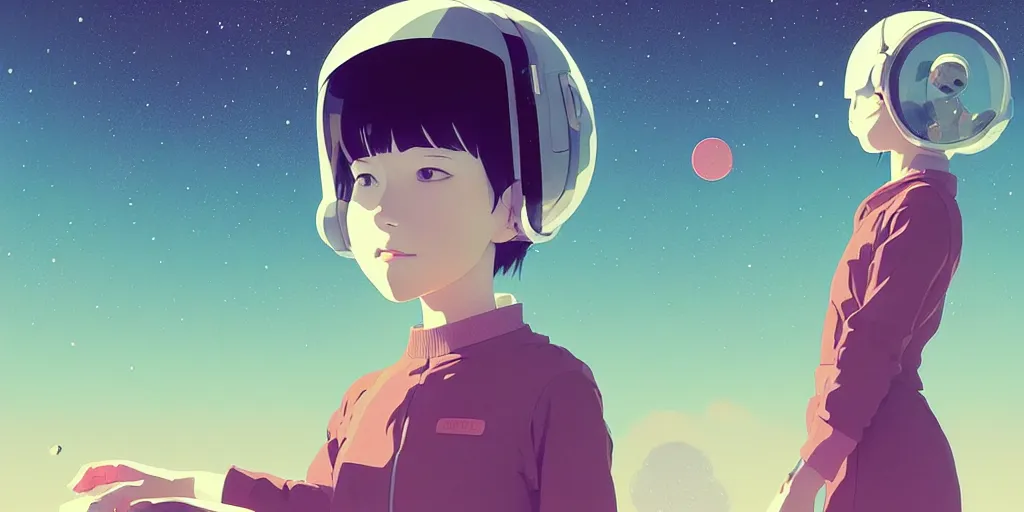 Image similar to portrait of smiling girl with astronaut helmet by ilya kuvshinov, cloudy sky background lush landscape ln illustration concept art anime key visual trending pixiv by victo ngai fanbox by greg rutkowski makoto shinkai takashi takeuchi studio ghibli