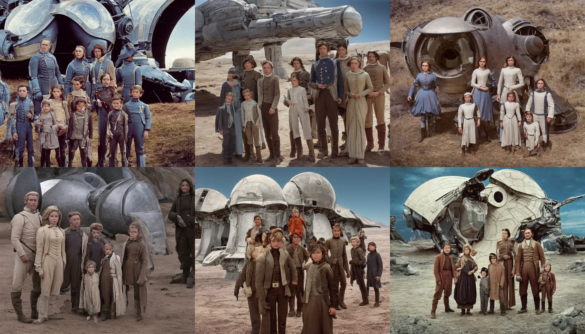 Prompt: highly detailed, 513435456k film, 2150400mm film still from a sci fi blockbuster color movie made in 2019, set in 1860, of a family standing in front of a spaceship that has just landed on an alien planet, the family are all wearing 1860s era clothes, good lighting, good photography, ultra high definition