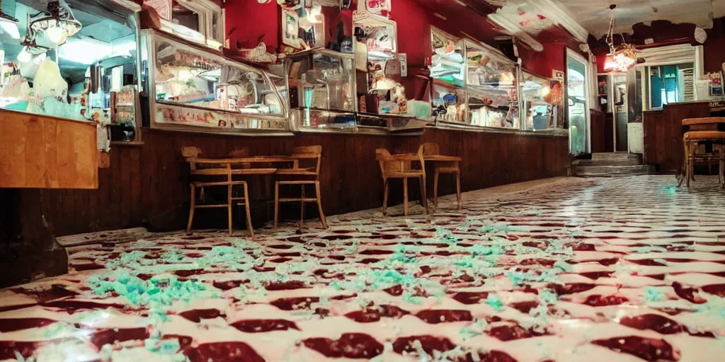 Image similar to inside a leaking freezer of melting ice cream cases is in an old fashioned ice cream parlor. the leak has made a big colorful puddle of melted ice cream on the floor and the puddle is reminiscent to the shape of werewolf fangs.