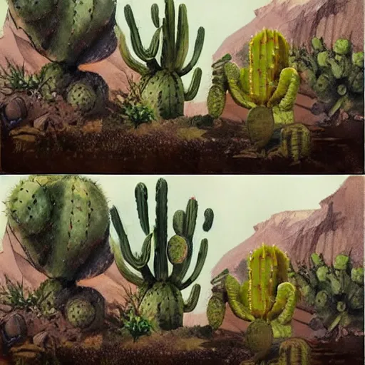 Image similar to Cactus man strikes again, concept art by James Gurney.