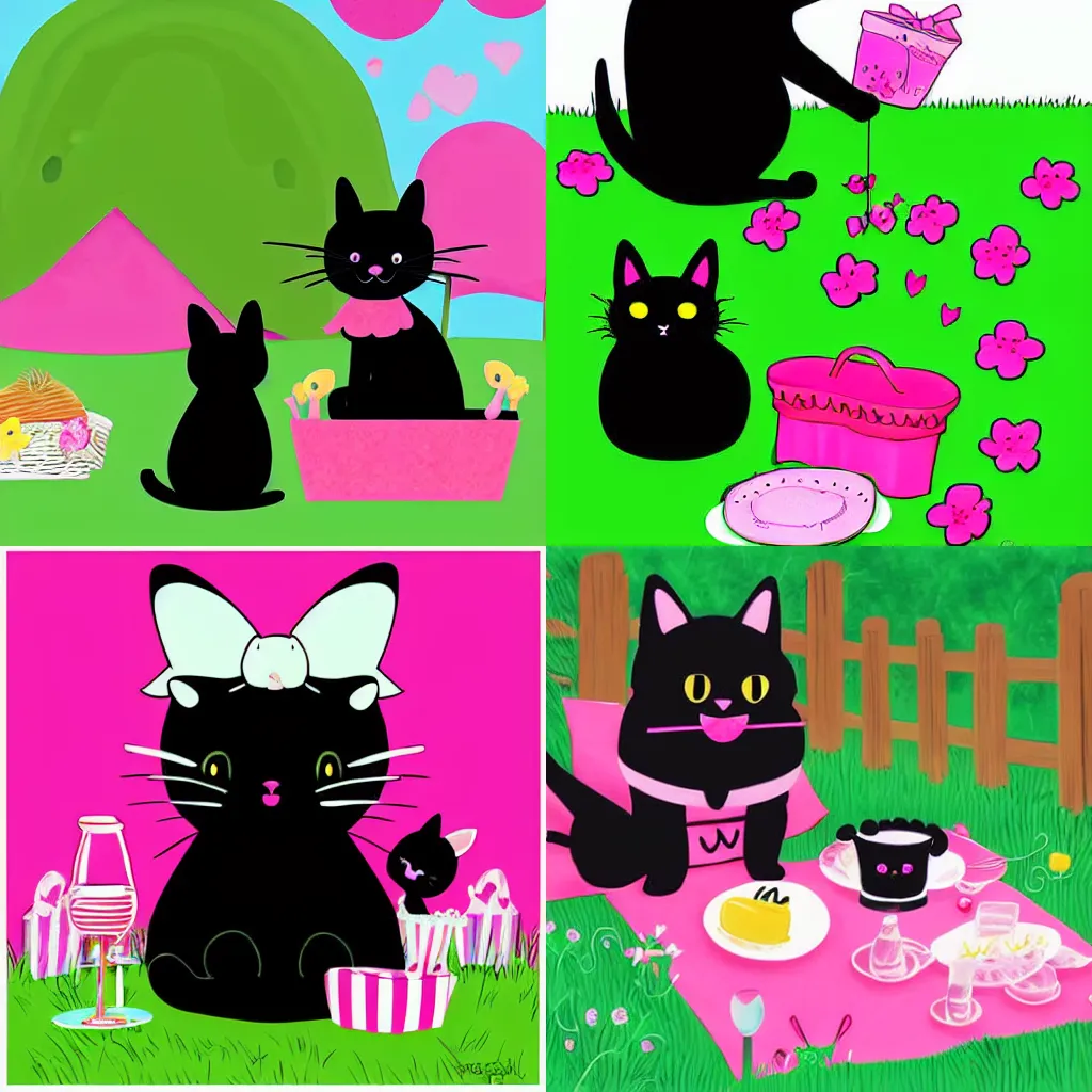 Prompt: a black cat and a pink bunny are having a picnic, digital art, sanrio.