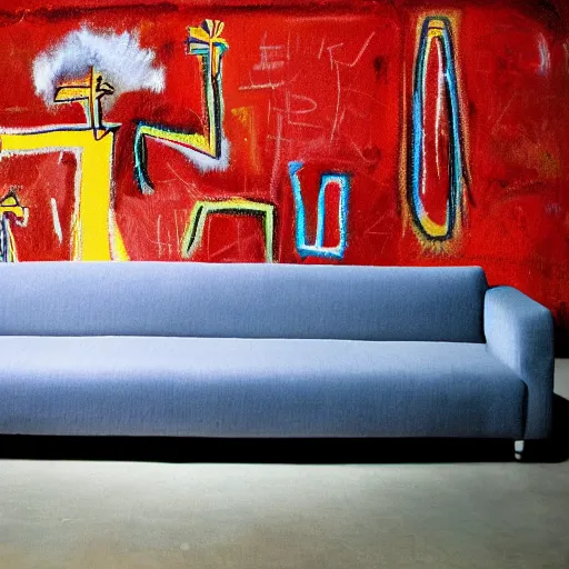 Prompt: A modern couch designed by Basquiat Realistic Photo, Advertising photography
