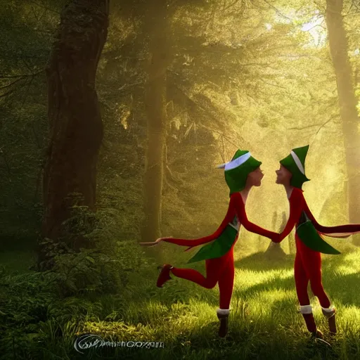 Image similar to elves kissing each other in the forest during the sunny day. Hyperrealism, greenshift render, 8k, depth of field, cinematic