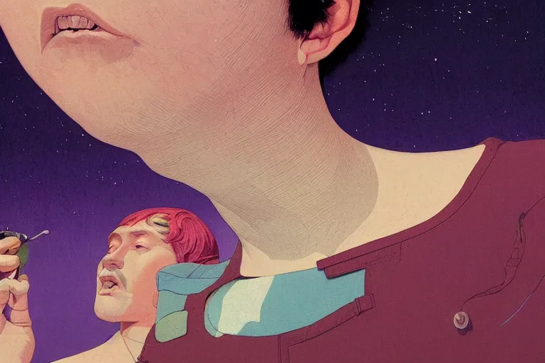 Image similar to a scifi closeup portrait of a young british man licking a blotter paper of LSD acid on his tongue and dreaming psychedelic hallucinations in cosmos, by kawase hasui, moebius, Edward Hopper and James Gilleard, Zdzislaw Beksinski, Steven Outram colorful flat surreal design, hd, 8k, artstation