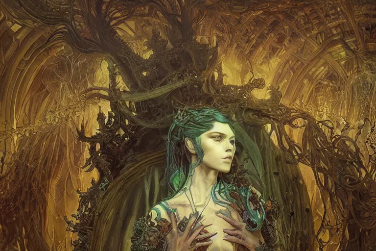 Image similar to a lovecraftian painting of a demonic shrine, occult, cult members, cosmic horror elements, ultra realistic, concept art, intricate details, eerie, highly detailed, photorealistic, octane render, 8 k, unreal engine. art by artgerm and greg rutkowski and alphonse mucha